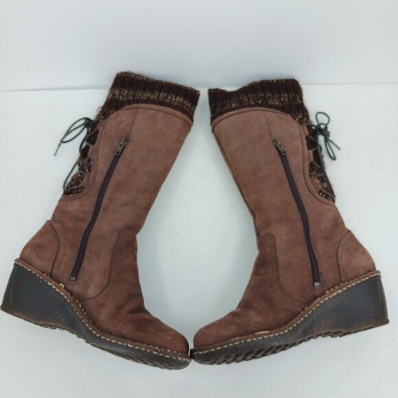 UGG Skylair Brown Leather Wedge Shearling Knit Tall Boots Size 9 Lace Up - Picture 4 of 14